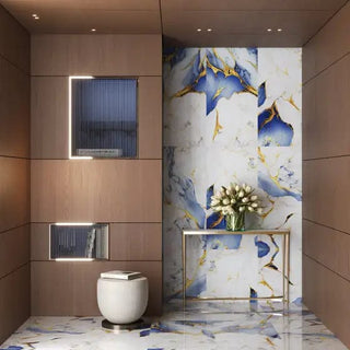 Aqua – Porcelænsflise 60 x 120 cm, blå/guld marmoreffekt, højglans, rektificeret (sælges pr. kasse, 1,44 m²)