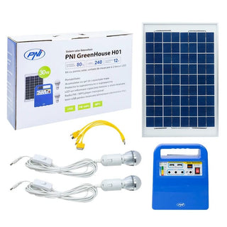PNI-SUNH01 Solcellekit – 10W Panel + 12V / 7Ah Centralenhed + 2 LED-pærer | USB / FM / MP3