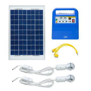 PNI-SUNH01 Solcellekit – 10W Panel + 12V / 7Ah Centralenhed + 2 LED-pærer | USB / FM / MP3