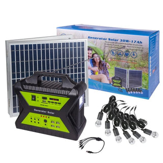 Solcellekit 12V / 17Ah m. 30W panel, 6 LED-pærer, Bluetooth, FM/AM-radio & USB | LiFePO4