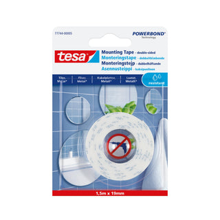 Dobbeltklæbende tape til glatte overflader, fugtige rum, tesa, 1,5 m × 19 mm