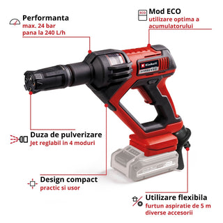 Højtryksrenser, Einhell HYPRESSO 18/24-1, batteridrevet, 18 V, 24 bar, 240 l/t, slange 5 m