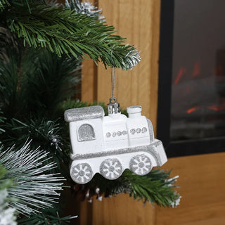 Juledekoration – Togsæt, hvid & sølv, plast, 9,5 × 7 × 4 cm, sæt med 3 stk.