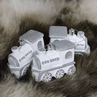 Juledekoration – Togsæt, hvid & sølv, plast, 9,5 × 7 × 4 cm, sæt med 3 stk.