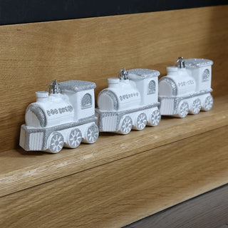 Juledekoration – Togsæt, hvid & sølv, plast, 9,5 × 7 × 4 cm, sæt med 3 stk.