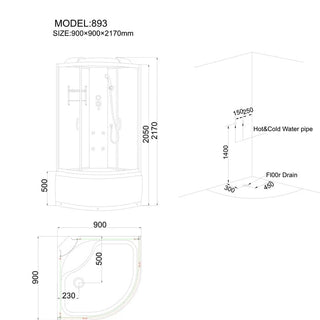 Hjørnebrusekabine med hydromassage ANS-893 – 90 x 90 x 217 cm | Høj bund | 4 dyser