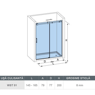 Skydedør til bruseniche, glas, West UC145WST01, sort profil, 145-165 × 200 cm