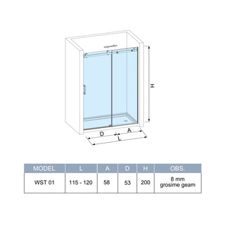 Skydedør til bruseniche, glas, West UC115WST01, røget glas, sort profil, 115-120 × 200 cm