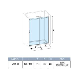 Skydedør til bruseniche, glas, West UC125WST01, røget glas, sort profil, 125-145 × 200 cm