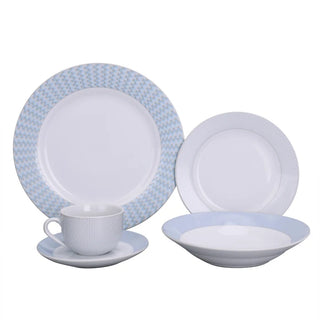 Sæt tallerkener EP3006B – Porcelæn, Hvid & Lyseblå, 30 dele