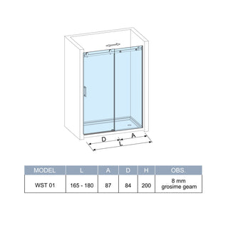 Skydedør til bruseniche, glas, West UC165WST01, røget glas, sort profil, 165-180 × 200 cm