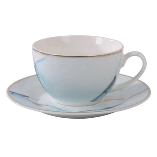 Tekop og underkop – SHJ10830, 12-delt porcelænssæt, hvid + blå, 220 ml