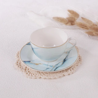 Tekop og underkop – SHJ10830, 12-delt porcelænssæt, hvid + blå, 220 ml