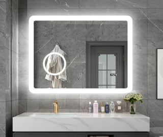 Badeværelsesspejl med LED Kadda H-3206, 80 × 60 cm, med forstørrelsesspejl, touchbetjening, dugfri funktion, urfunktion, afrundede kanter