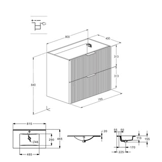 Vaskeskab med håndvask Roca Reef A852478464, med skuffer, vægophængt, spånplade + MDF, 81,5 × 46,5 × 64,6 cm