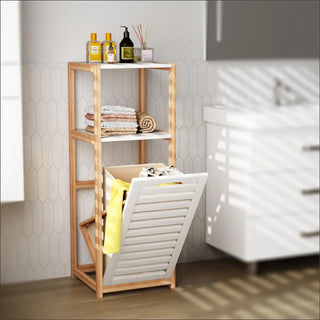 Badeværelsesskab Bamboo DC2035, gulvstående, 1 vasketøjskurv, bambus, 36 × 33 × 98 cm