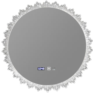 LED-badeværelsesspejl Kadda NW-13, 60 × 60 cm, ur, dugfri, temperaturvisning, berøringsfri betjening, dæmpbar, rundt