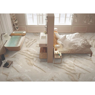 Porcelænsflise til inde/ude, Fenda Onyx Beige, 60 × 60 cm, blank, retificeret, marmorlook