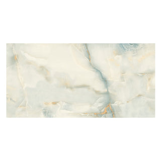 Porcelænsflise til inde/ude, Nuovo Onyx Teal, 60 × 120 cm, blank, rektificeret, marmorlook