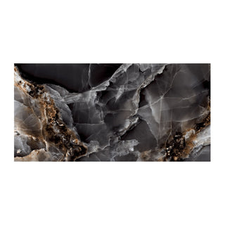 Porcelænsflise til inde/ude, Dazzle Onyx Black, 60 × 120 cm, blank, rektificeret, marmorlook