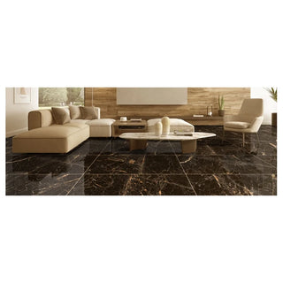 Porcelænsflise til inde/ude, Golden Black, 60 × 120 cm, blank, rektificeret, marmorlook