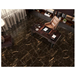 Gulvflise Golden Black – 60 x 120 cm, porcelæn, sort, blank, marmoreffekt (til indendørs og udendørs brug)