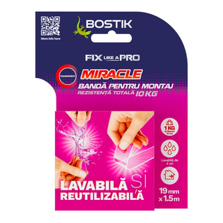 Dobbeltklæbende tape til fastgørelse, Bostik Miracle, genanvendelig, inde, 1.5 m × 19 mm
