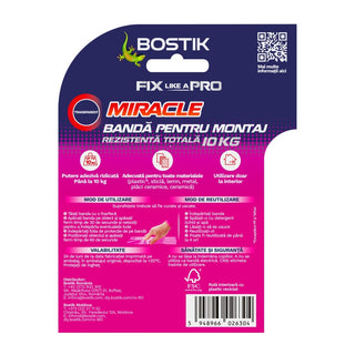 Dobbeltklæbende tape til fastgørelse, Bostik Miracle, genanvendelig, inde, 1.5 m × 19 mm