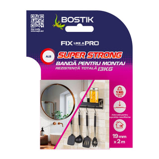 Dobbeltklæbende tape til fastgørelse, Bostik Super Strong, genanvendelig, inde, 1.5 m × 19 mm
