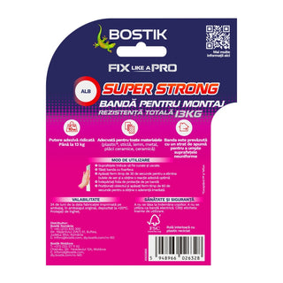 Dobbeltklæbende tape til fastgørelse, Bostik Super Strong, genanvendelig, inde, 1.5 m × 19 mm