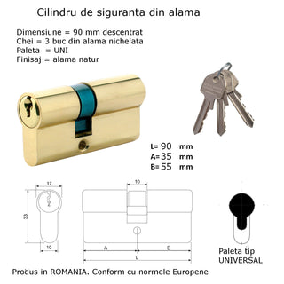 Decentreret låsecylinder, naturmessing, standard 3 nøgler, L90 35 × 55 mm UNI
