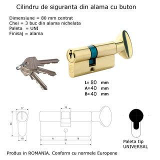 Centreret låsecylinder med knap, naturmessing, 3 nøgler, L80 40 × 40 mm UNI