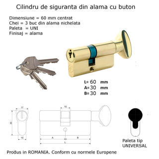 Sikkerhedscylinder, symmetrisk, messing, med knop, 3 nøgler, L60 30×30 mm UNI