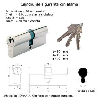 Sikkerhedscylinder, symmetrisk, standard, 3 nøgler, L80 40×40 mm DIN