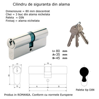 Sikkerhedscylinder, asymmetrisk, standard, 3 nøgler, L80 35×45 mm DIN