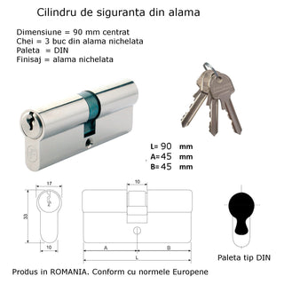 Sikkerhedscylinder, symmetrisk, standard, 3 nøgler, L90 45×45 mm DIN