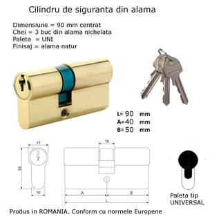Sikkerhedscylinder, asymmetrisk, standard, 3 nøgler, L90 40×50 mm UNI