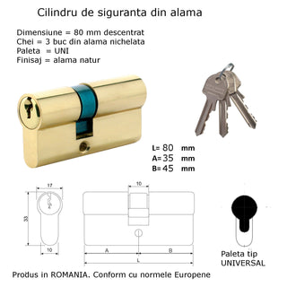Sikkerhedscylinder, asymmetrisk, standard, 3 nøgler, L80 35×45 mm UNI