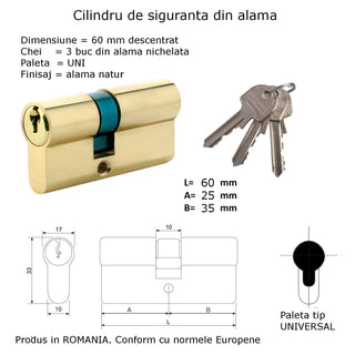 Sikkerhedscylinder, asymmetrisk, standard, 3 nøgler, L60 25×35 mm UNI