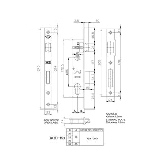 Indbygget dørlås til aluminiumsdøre, Kale K-153-20, 20×85 mm