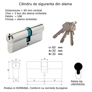 Centreret sikkerhedscylinder, forniklet, standard, 3 nøgler, L60 30×30 mm UNI