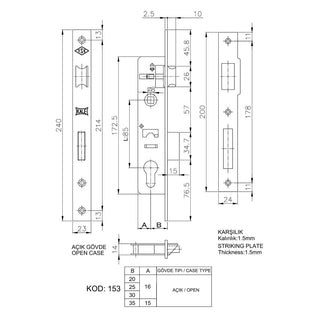 Indbygget dørlås til aluminiumsdøre, Kale K-153, 85×35 mm