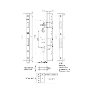 Indbygget dørlås til PVC-døre, Kale K-153P-20, 20×85 mm