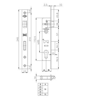 Indbygget dørlås til aluminiumsdøre, Kale K-153-30/01-02CR-L85, 30×85 mm