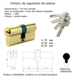 Centreret låsecylinder med profilerede nøgler, natur messing, 4 nøgler, L70 35×35 mm UNI