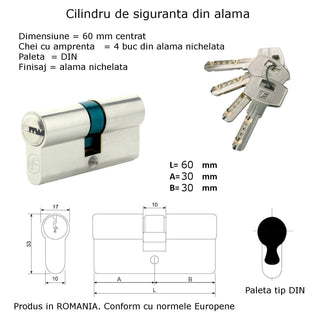 Centreret låsecylinder med profilerede nøgler, forniklet, 4 nøgler, L60 30×30 mm DIN