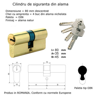 Decentreret låsecylinder med profilerede nøgler, natur messing, 4 nøgler, L80 35×45 mm DIN