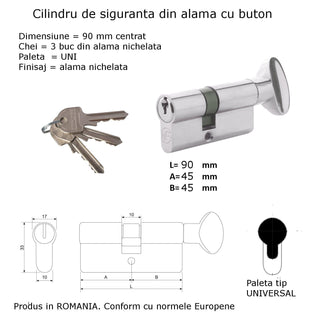 Central låsecylinder, forniklet, med knop, 3 nøgler, L90 45 × 45 mm UNI