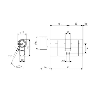 Sikkerhedscylinder KD6 101359 Abus, forniklet, med knop, 5 nøgler, 30 × 40 mm