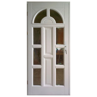 Indgangsdør i træ, Zsuzsana, hvid, med buet glas, venstrehængslet, 98×208 cm